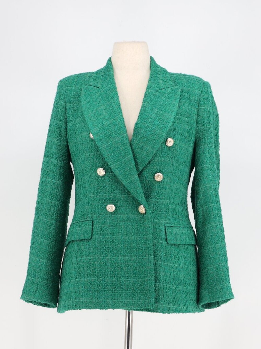 NWT ZARA Double Breasted Textured Tweed Blazer in Green Size L